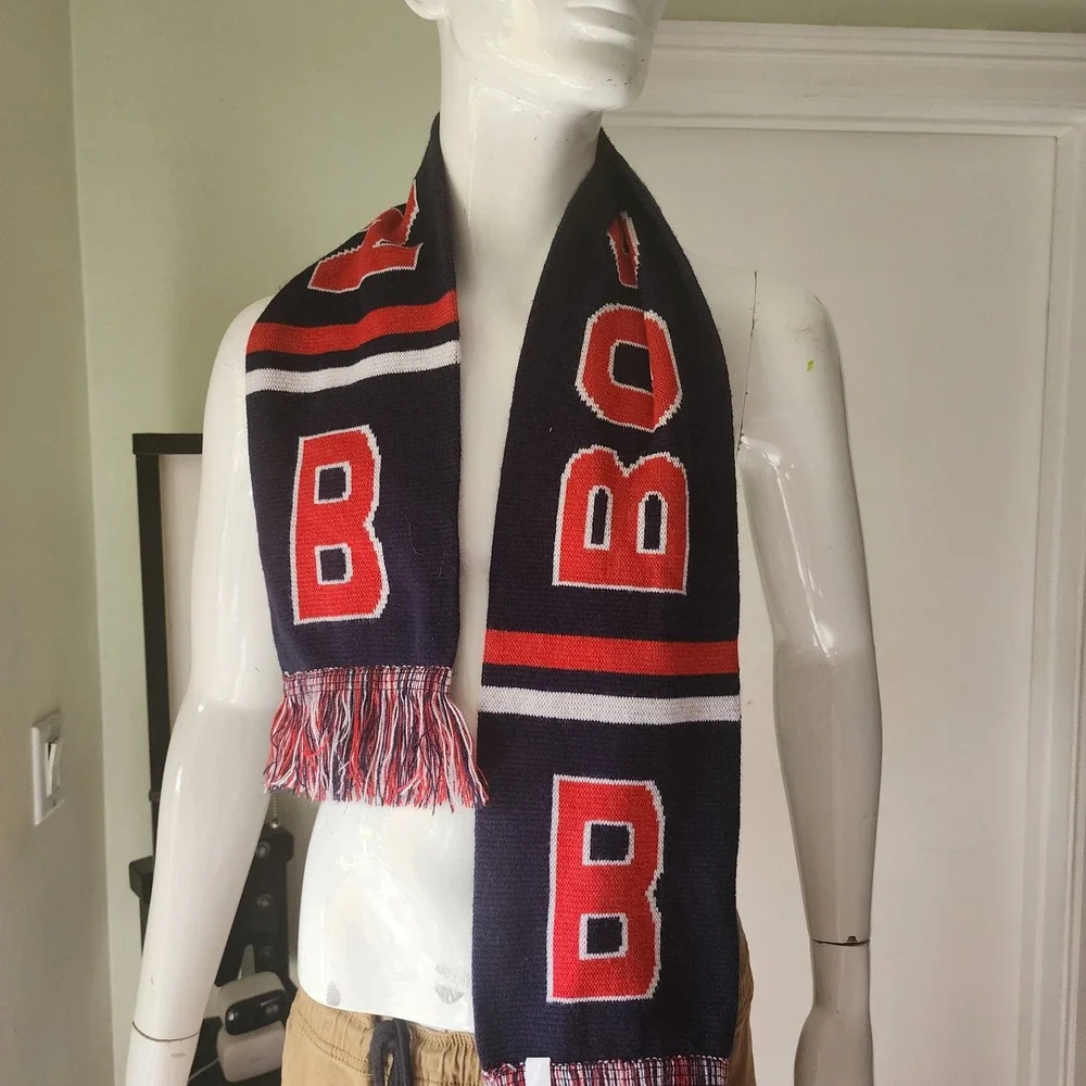 Boston Knit Scarf Navy Blue Red White Block Letter Fringe Sports Fan Accessory